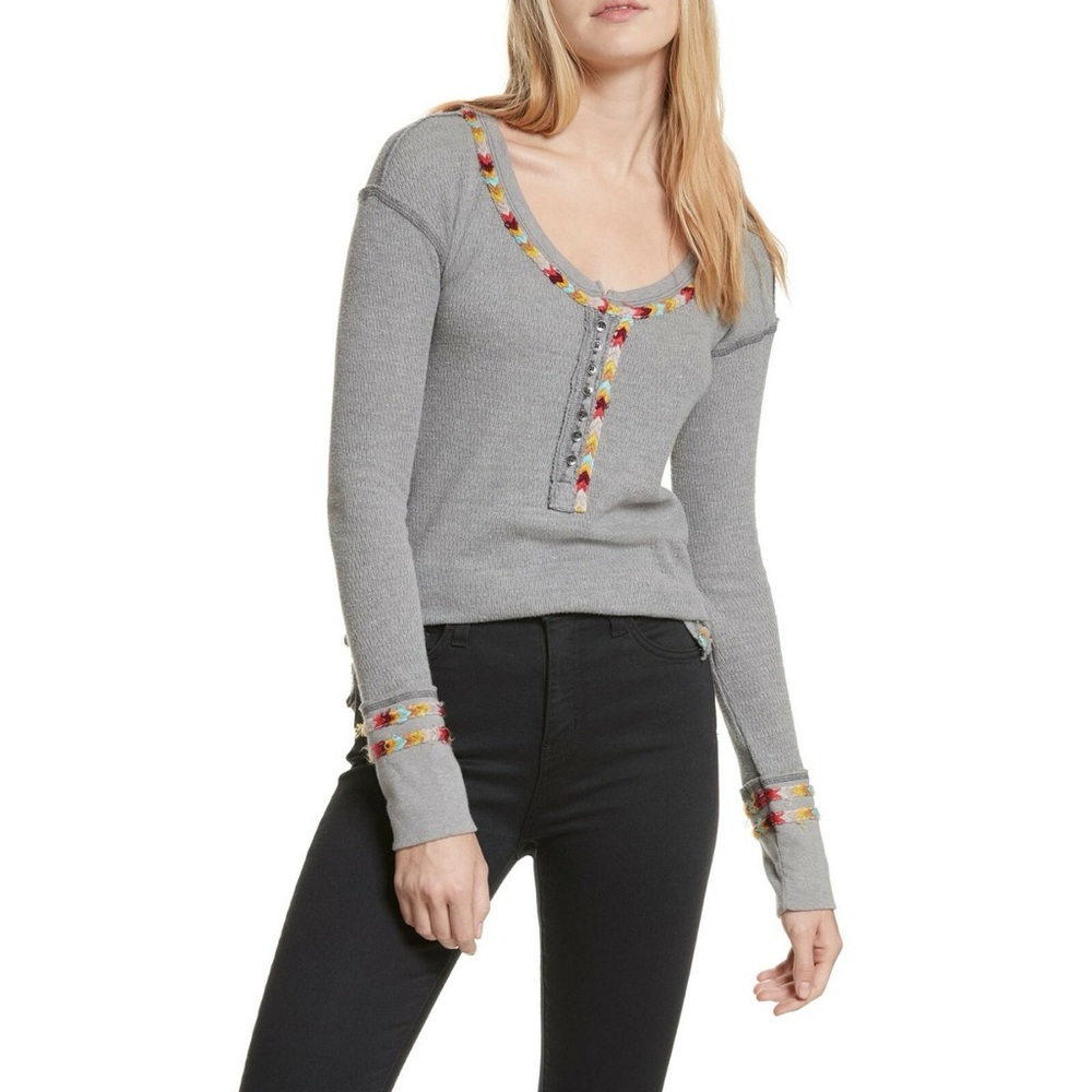 We The Free Gray rainbow trim Henley women's small thermal embroidered boho